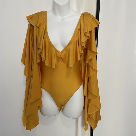 NWT Akira V Neck Long Sleeve Bodysuit YELLOW SZ S - Picture 2 of 8